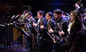 Five Jazz brass players perform as part of Manhattan School of Music's Jazz Orchestra at Dizzy's Jazz Coca-Cola at Lincoln Center