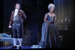 Two opera singers singing on stage at Manhattan School of Music in a performance of Dangerous Liasions