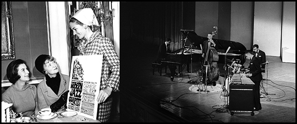 women with poster at tea and four men performing on stage