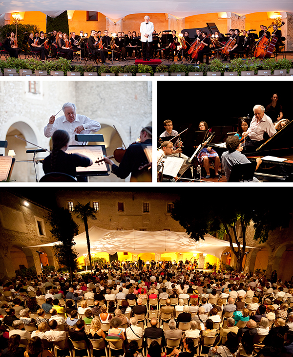 various photos of orchestra and conductor