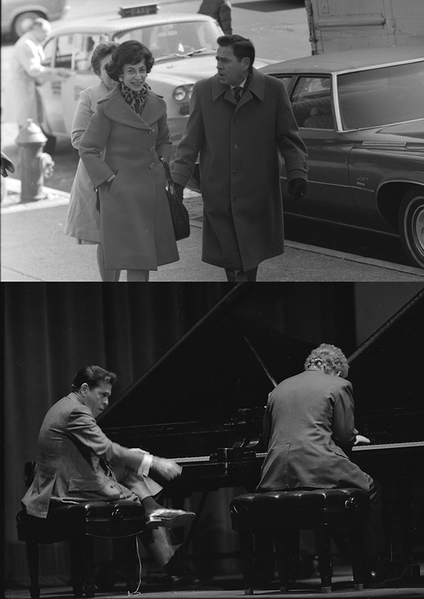 woman and man on sidewalk; man teaching piano student.