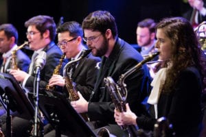 the brass section of the MSM Jazz Orchestra performs in concert