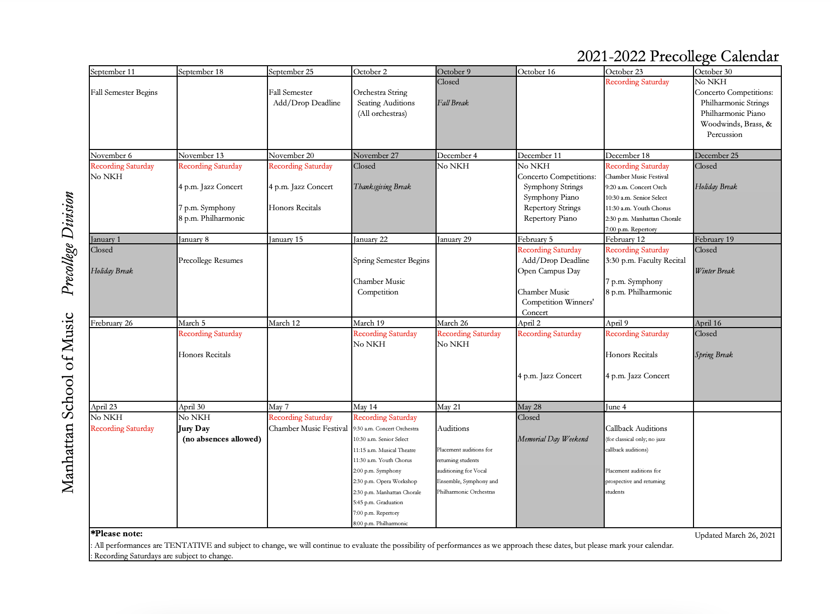 Njit 2022 Spring Calendar Precollege Calendar - Manhattan School Of Music