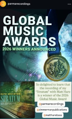 Alumnus Dr. Hayk Arsenyan wins Silver Medal at 2026 Global Music Awards